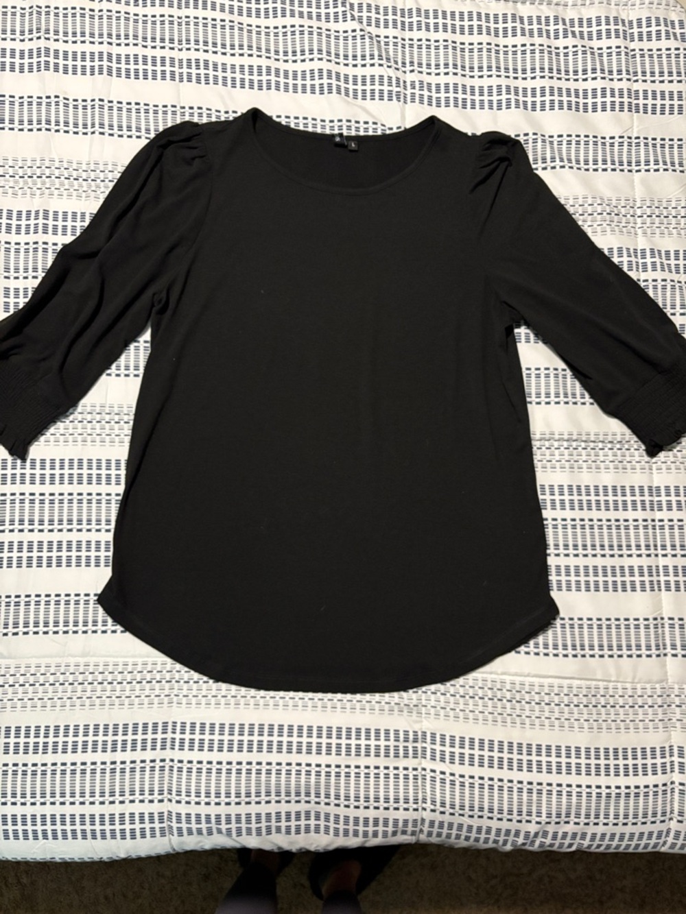Black Puff-Sleeve Crewneck Long Sleeve Top